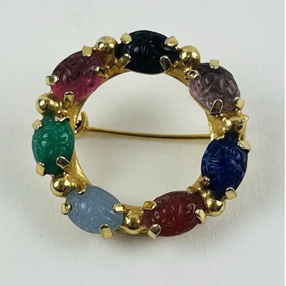 Vintage Gold Tone Multicolor Scarab Stone Pin Brooch Round Blue Pink Green Red P